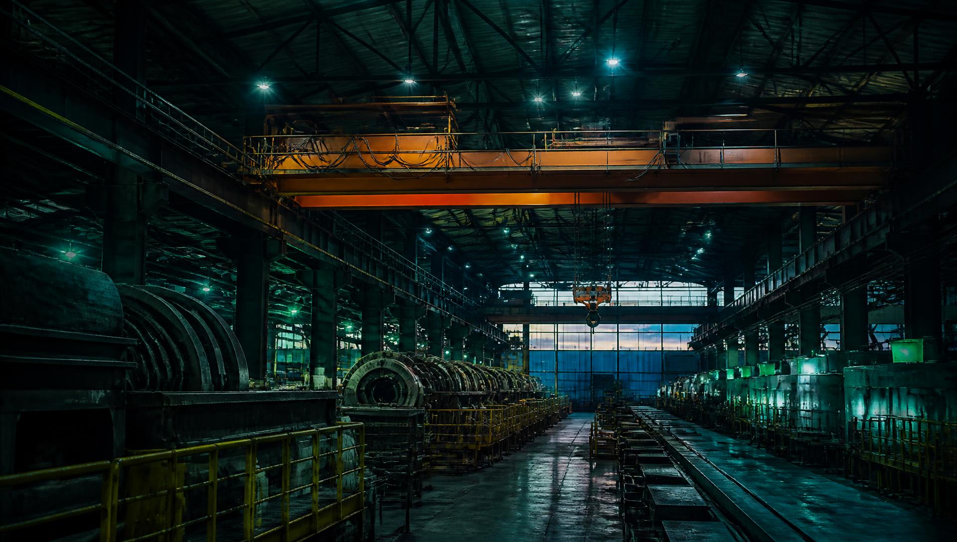 Oscorp Industries heavy machinery assembly hall at dusk